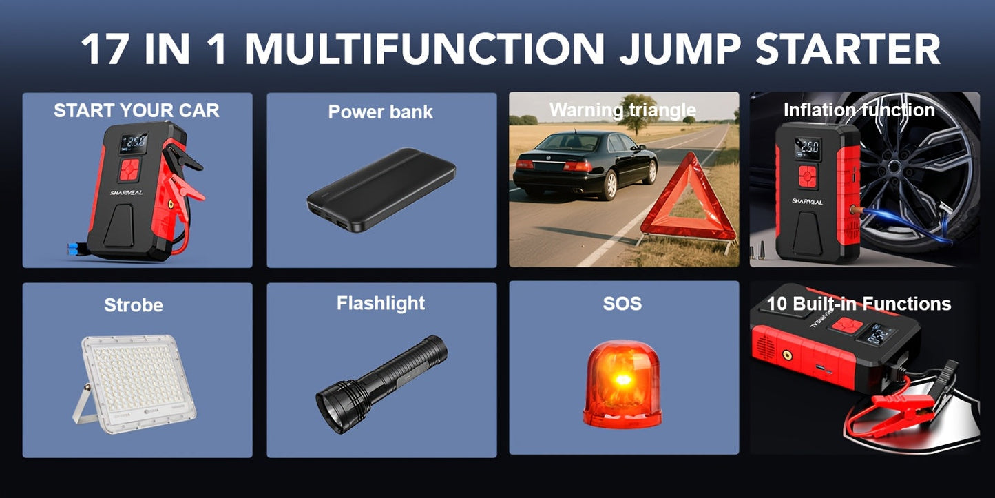 Portable Jump Starter 15000A-19000A Peak | 17-in-1 with 350PSI Air Compressor, 12V Car Battery Charger, LED Light, Digital Display – Emergency Kit for Cars, Trucks & SUVs