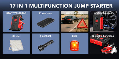 Portable Jump Starter 15000A-19000A Peak | 17-in-1 with 350PSI Air Compressor, 12V Car Battery Charger, LED Light, Digital Display – Emergency Kit for Cars, Trucks & SUVs
