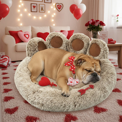 Bear Paw Shaped Donut Dog Bed & Cat Bed – Calming Warm Soft Plush Round Pet Mattress with Bonus Pet Scarf S M L XL 2XL Coffee Pink Grey Brown for Small Medium Large Dogs Cats