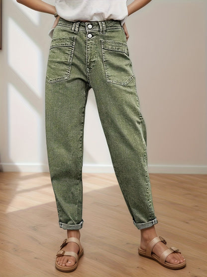 Women's Stretch Mid-Rise Straight Jeans - Olive Green Button-Fly Slash Pockets Belt Loops, 4-Way Stretch Baggy Street Fashion Denim Pants for Casual Semi-Formal Four Seasons Wear, Machine Washable