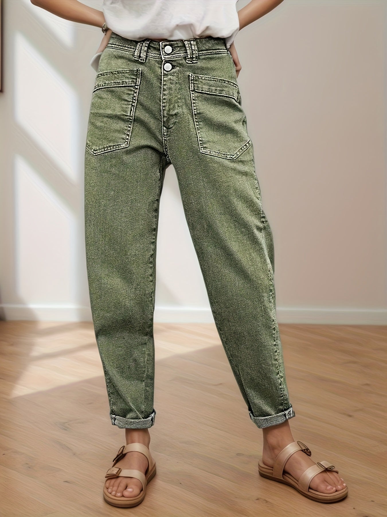 Women's Stretch Mid-Rise Straight Jeans - Olive Green Button-Fly Slash Pockets Belt Loops, 4-Way Stretch Baggy Street Fashion Denim Pants for Casual Semi-Formal Four Seasons Wear, Machine Washable