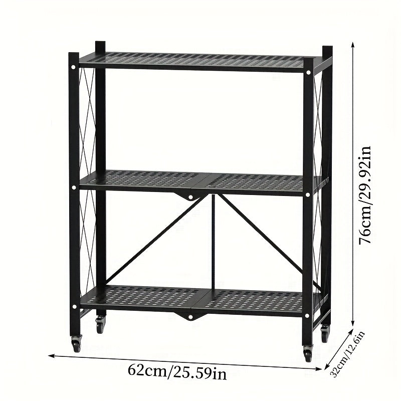 3-Layer Heavy Duty Foldable Metal Storage Rack with Wheels 750 LBS Capacity – Movable Rolling Shelving Unit for Garage, Kitchen, Warehouse & Home Organization, Black