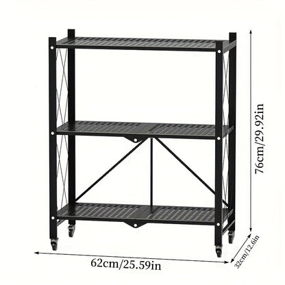 3-Layer Heavy Duty Foldable Metal Storage Rack with Wheels 750 LBS Capacity – Movable Rolling Shelving Unit for Garage, Kitchen, Warehouse & Home Organization, Black