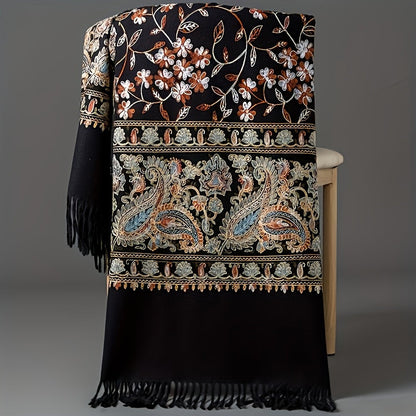 Women's Bohemian Cashmere Shawl Scarf – Vintage Paisley Embroidery with Tassel Trim, Lightweight Warm Wrap for Spring & Fall, 6 Colors, Hand Washable Casual & Dressy Outfits