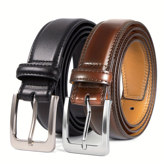 2 Pack Men's Genuine Leather Belt Set with Zinc Alloy Buckle – 1 3/8 Inch Wide Dress Casual Golf Jeans Belt for Men, Sizes 30-50, Great Gift for Him