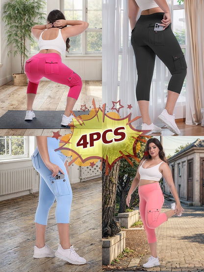 Women's High Waist Yoga Capri Pants 4-Pack 4-Way Stretch Butt Lifting Tummy Control 4 Pockets - Workout Running Sports Leggings S-XXL All Season