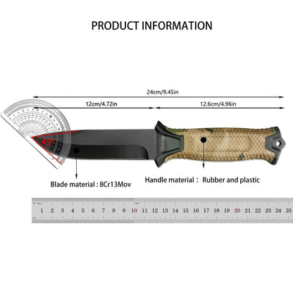 Outdoor Fixed Blade Knife – Stainless Steel Straight Blade, Non-Slip Handle, K-Type Sheath, EDC Hunting Fishing Camping Survival Knife, Camouflage, Multi-Purpose Field Tool for Men