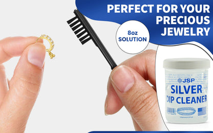 JSP Sterling Silver Dip Cleaner & Tarnish Remover 8oz – 925 & 999 Silver Jewelry Cleaning Solution with Dipping Basket & Microfiber Cloth, Restores Shine to Silver, Gold & Precious Metals