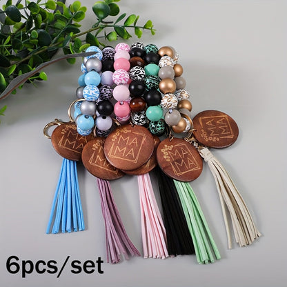 MAMA Wooden Bead Keychain Set 6pcs – Printed Wooden Plaque Charm, Tassel Wrist Key Ring, Anti-Loss Car Keychain & Backpack Accessory, Perfect Mother's Day & Holiday Gift for Mom