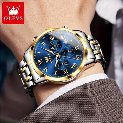 OLEVS Men's Luxury Stainless Steel Watch – Chronograph, Roman Numerals, Moon Phase Display, Luminous Analog Quartz Dress Watch for Men, 8 Color Options, Perfect Business & Gift Watch