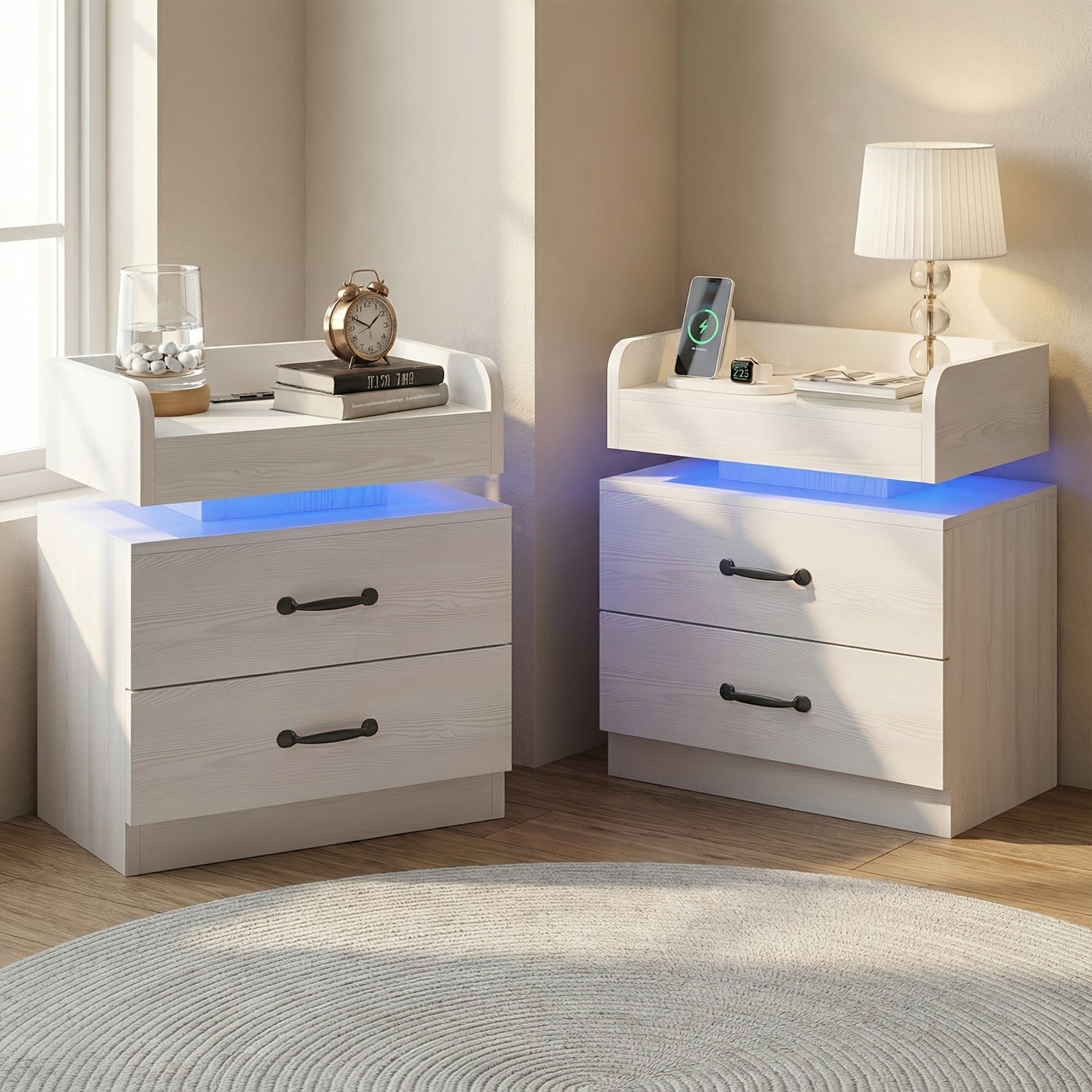 Nightstand with Charging Station & LED Lights – Modern Wooden Bedside End Table with Drawer & Storage, USB Charging Ports, for Bedroom & Living Room, Black or White, 1 or 2 Pack