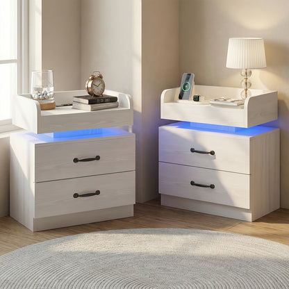 Nightstand with Charging Station & LED Lights – Modern Wooden Bedside End Table with Drawer & Storage, USB Charging Ports, for Bedroom & Living Room, Black or White, 1 or 2 Pack