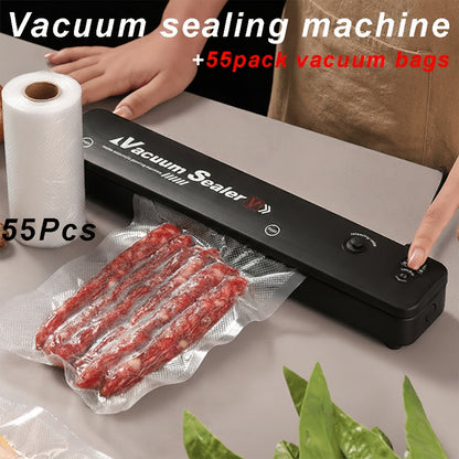 Vacuum Sealing Machine Set with 55 Vacuum Bags, Automatic Food Vacuum Sealer for Food Preservation & Storage, Sous Vide Low-Temperature Cooking, Convenient Household Kitchen Appliance - Black, White