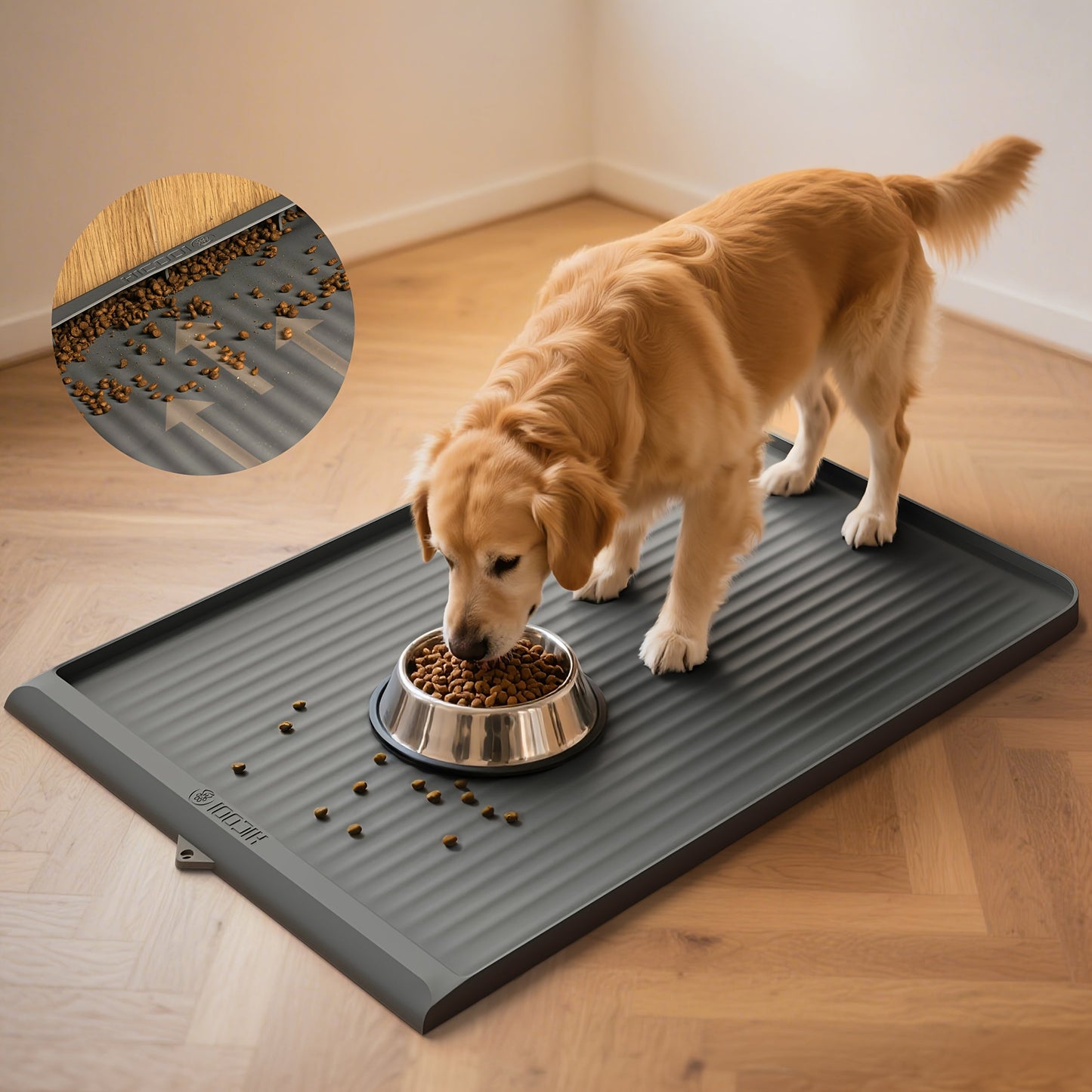 Waterproof Pet Feeding Mat 36"x24" Large Non-Slip Dog & Cat Food Mat – Raised Edges, Diversion Grooves, Easy to Clean, Dog Bowl Mat for Food & Water, Grey