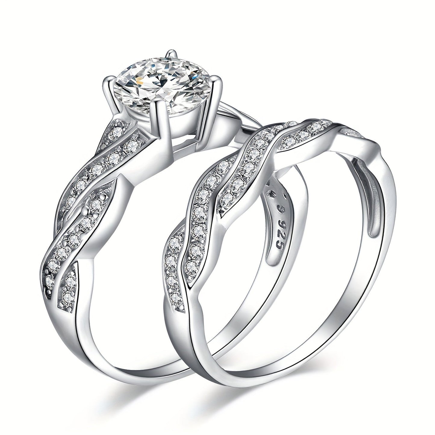 925 Sterling Silver Infinity Knot Bridal Ring Set of 2 for Women – Round Cut Cubic Zirconia Stackable Wedding Engagement Rings, Silver & Gold, Sizes 4-12