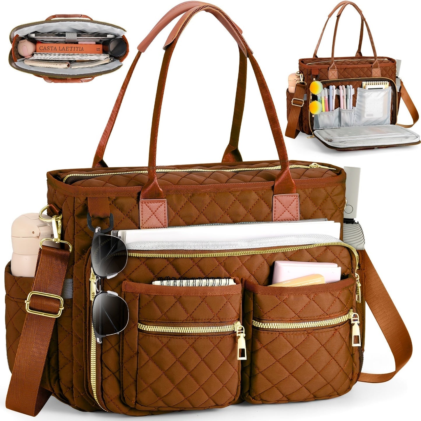 Women's Diamond Pattern Tote Bag – Multi-Compartment Laptop Work Bag, Wear-Resistant Commuter Teacher Bag, Stylish Professional Shoulder Bag for Office, School & Travel