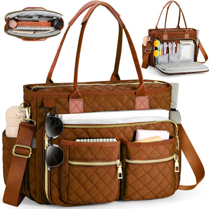 Women's Diamond Pattern Tote Bag – Multi-Compartment Laptop Work Bag, Wear-Resistant Commuter Teacher Bag, Stylish Professional Shoulder Bag for Office, School & Travel