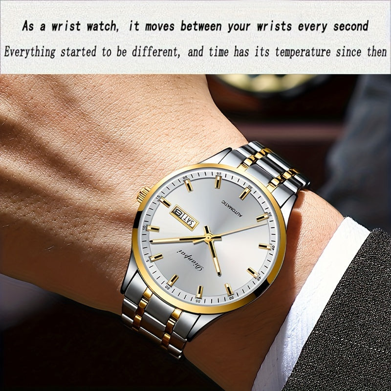 Men's Automatic Self-Winding Mechanical Watch – Slim Stainless Steel Band, Luminous Hands, Calendar Display, No Battery Needed – Luxury Business Dress Watch Gift