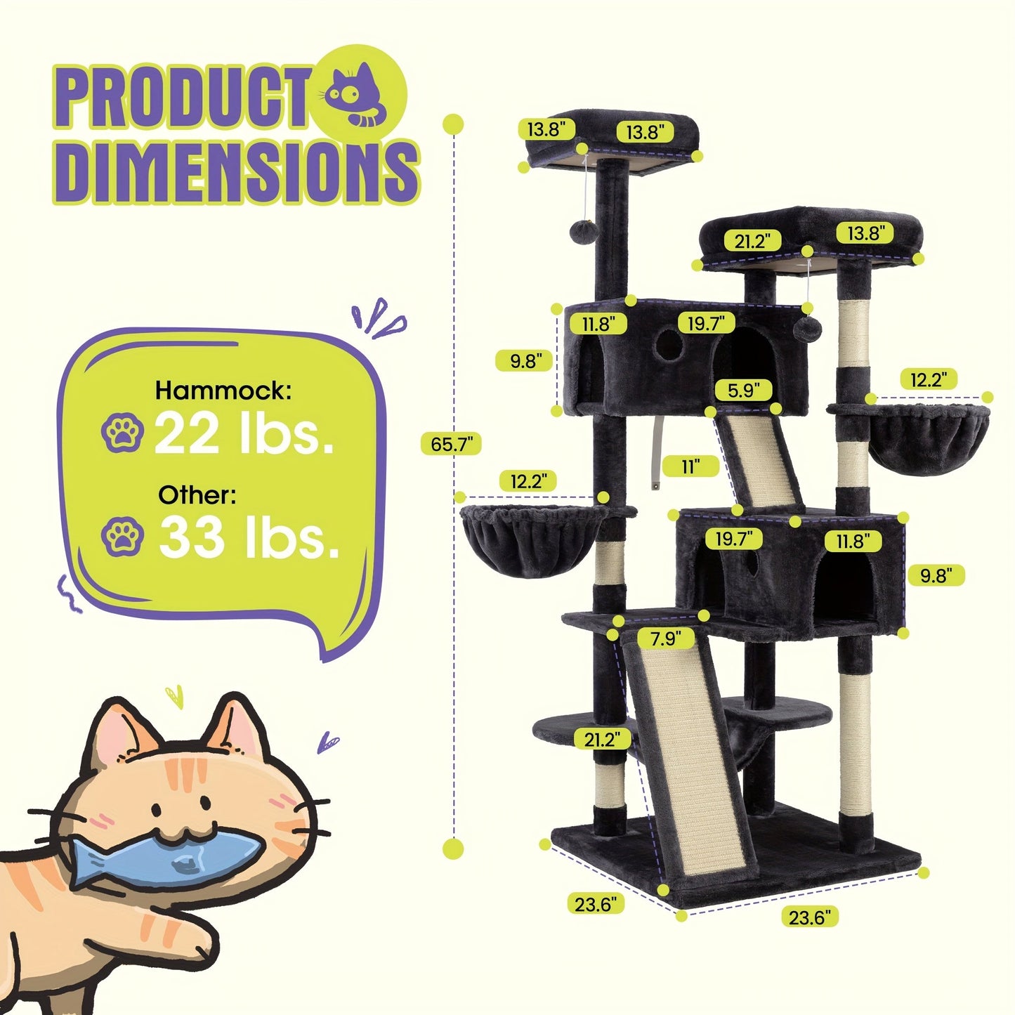 WEEWAY Corner Cat Tree Tower for Indoor Cats 36–81 Inch – Multi-Level Cat Furniture with Sisal Scratching Posts, Condo Cave, Hammock, Ramps, Plush Perches, Basket & Pompom Toys, Perfect Cat Gift