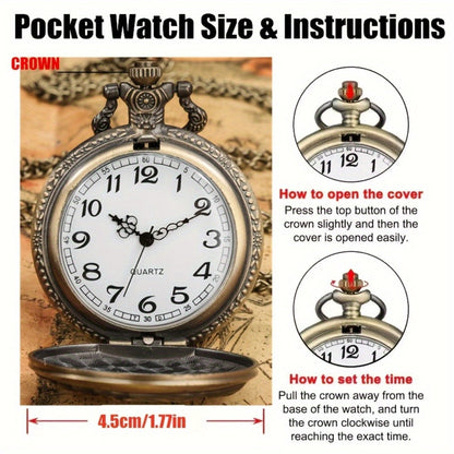 Vintage Bronze Pocket Watch Set of 2 – Classic Round Dial Quartz Movement, Zinc Alloy Case Nickel-Free Strap, Antique Style Timepiece – Perfect Gift for Christmas Birthday Graduation Valentine's Day