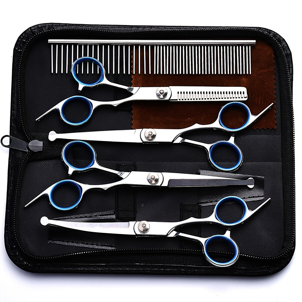 7-Piece Pet Grooming Scissors Set – Ceramic-Coated 4CR Stainless Steel, Safety Round Tips, Straight Thinning & Curved Shears with Comb & Storage Bag for Dogs Cats All Breeds