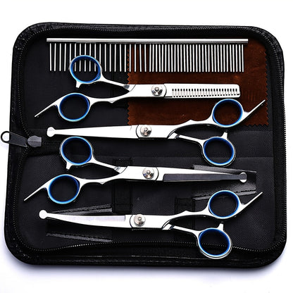 7-Piece Pet Grooming Scissors Set – Ceramic-Coated 4CR Stainless Steel, Safety Round Tips, Straight Thinning & Curved Shears with Comb & Storage Bag for Dogs Cats All Breeds