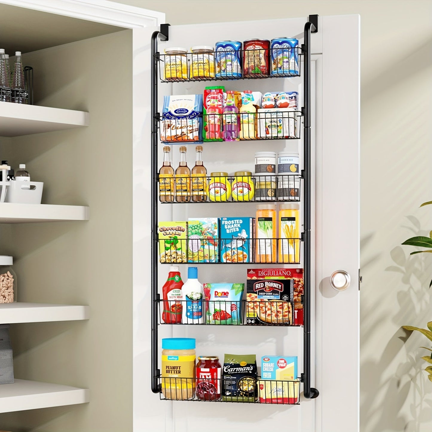 Over the Door Pantry Organizer 6 or 8 Shelf - Heavy-Duty Metal Hanging Storage Rack for Kitchen, Bathroom & Laundry Room, Space-Saving Spice & Food Organizer, Black or White