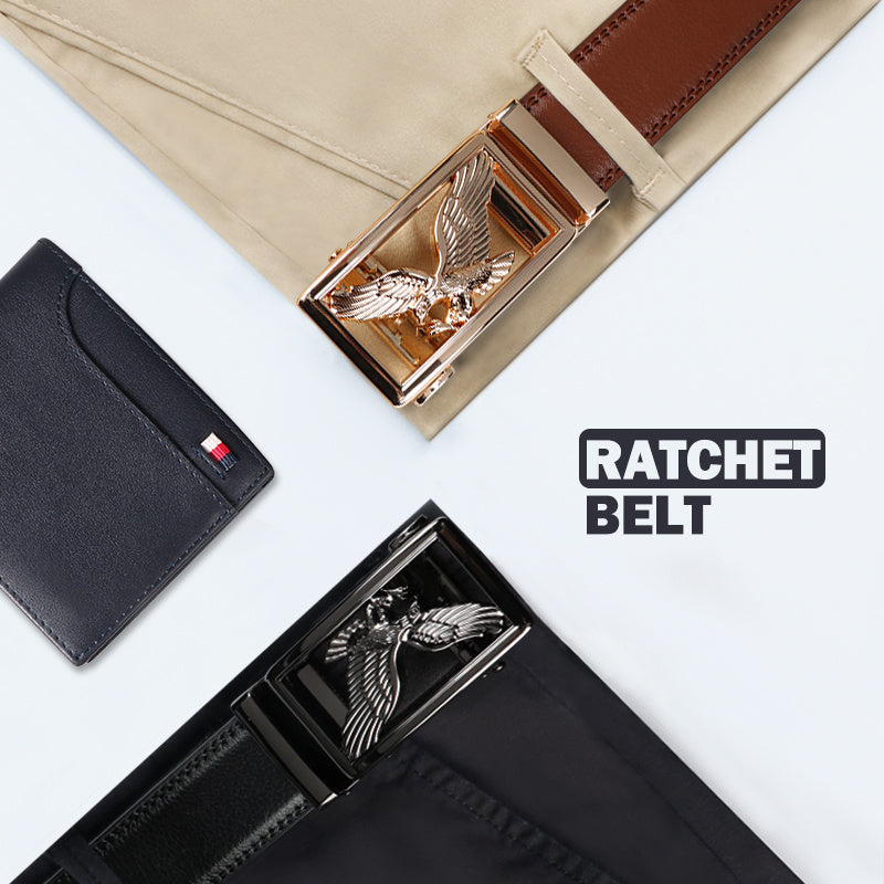 2pcs Men's Genuine Leather Belt Set with Automatic Ratchet Buckle – Adjustable Comfort Fit for 30"-44" Waist, Business & Casual Dress Belts in Black Light Brown & Black Dark Brown