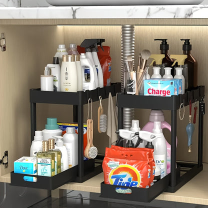 Under Sink Organizer 2-Pack Double-Tier Sliding Baskets 8 Hooks Expandable – Kitchen Bathroom Cabinet Storage Rack Organization Moonlight White Black Gray