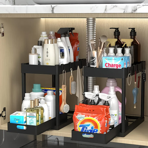 Under Sink Organizer 2-Pack Double-Tier Sliding Baskets 8 Hooks Expandable – Kitchen Bathroom Cabinet Storage Rack Organization Moonlight White Black Gray