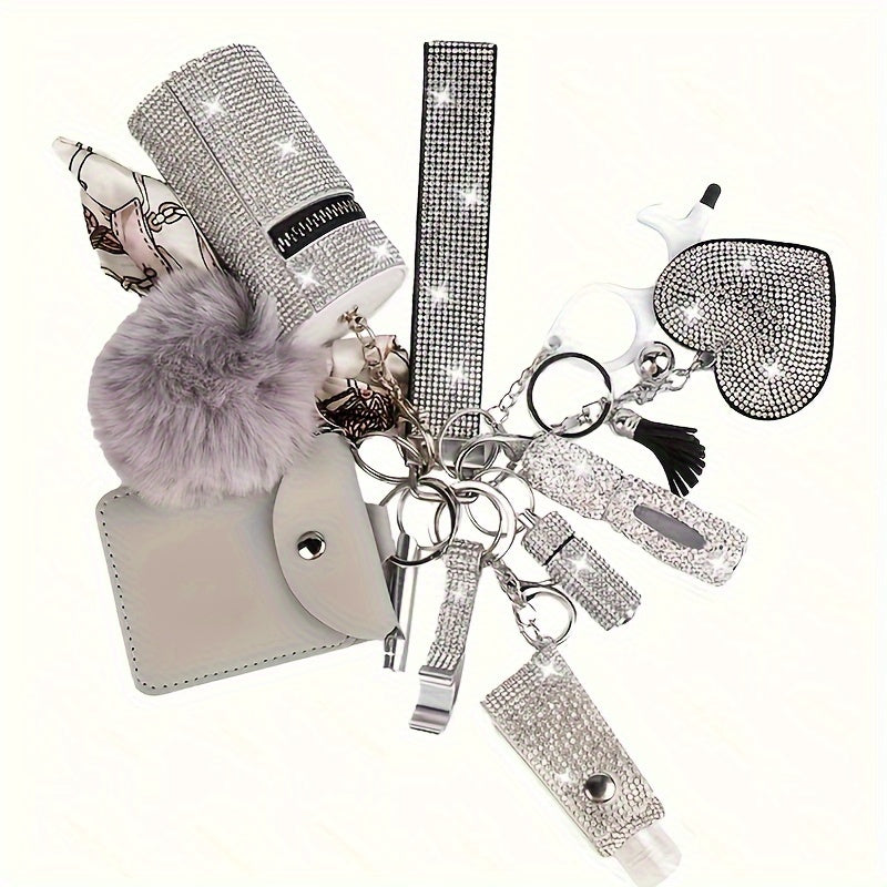 11-Piece Women's Rhinestone Keychain Set – Multifunctional Keyring with Card Holder, Pill Bottle, Whistle, Perfume Bottle & Storage Bag, Perfect Gift for Ladies