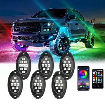 RGB LED Rock Light Kit for Trucks & Off-Road Vehicles - Sound Activated APP & Remote Dual Control, Multi-Color Underglow Chassis Neon Lights for Pickup Trucks, SUVs & 4x4, 4/6/8/10 Pod Options