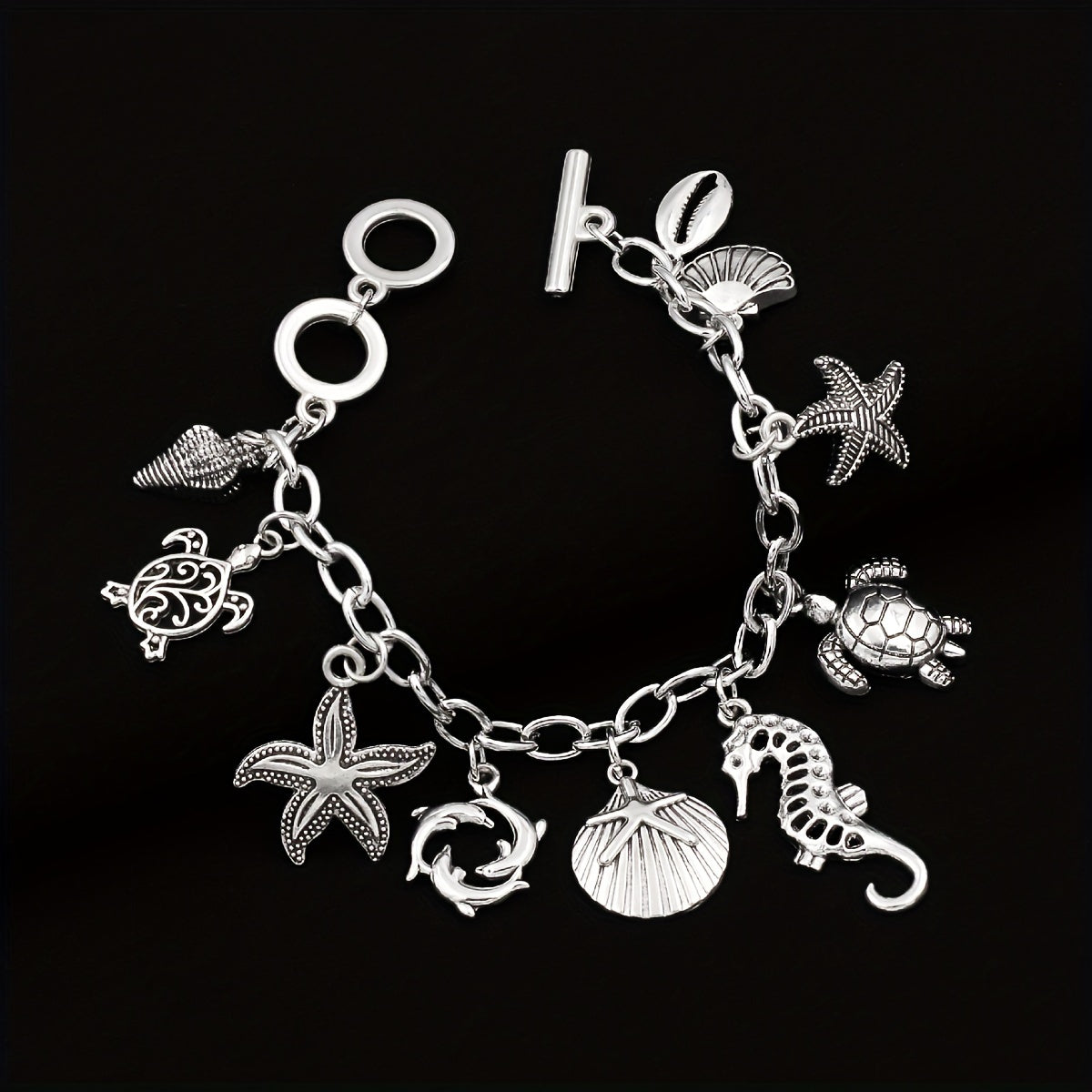 S925 Silver Ocean Charm Bracelet for Women – Seahorse, Turtle, Dolphin, Starfish, Conch & Scallop Pendant Chain, Elegant Marine Animal Jewelry Friendship Gift for Summer & Vacation