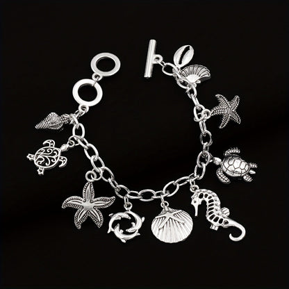 S925 Silver Ocean Charm Bracelet for Women – Seahorse, Turtle, Dolphin, Starfish, Conch & Scallop Pendant Chain, Elegant Marine Animal Jewelry Friendship Gift for Summer & Vacation