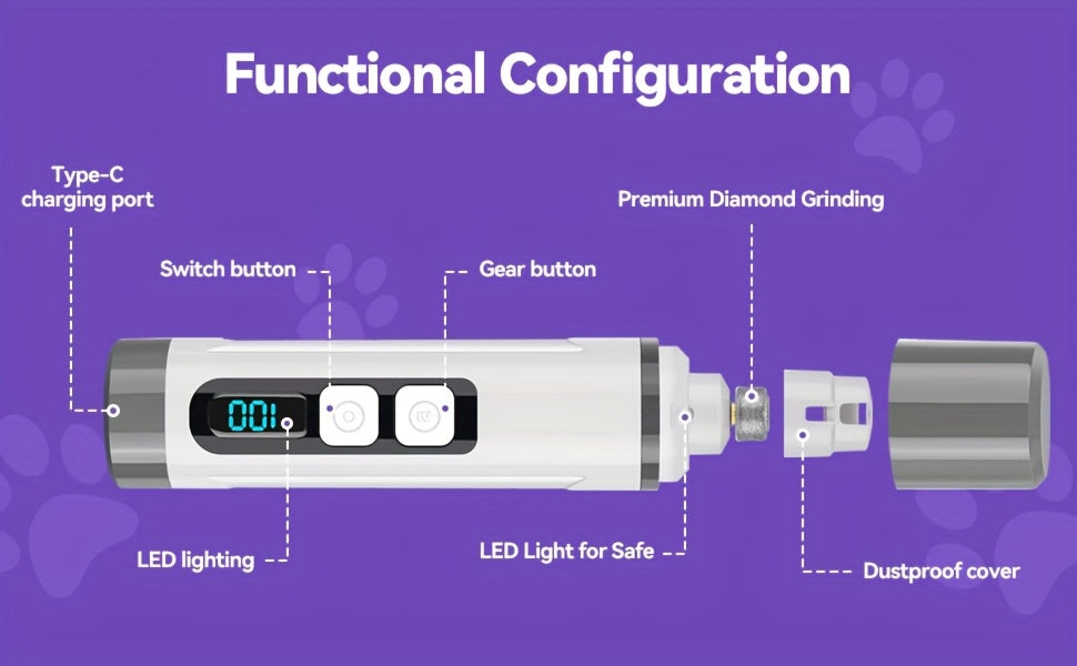 Quiet Dog Nail Grinder with LED Light – 3-Speed Rechargeable Electric Pet Nail Trimmer Kit, Painless Paw Grooming for Small Medium Large Dogs & Cats