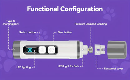 Quiet Dog Nail Grinder with LED Light – 3-Speed Rechargeable Electric Pet Nail Trimmer Kit, Painless Paw Grooming for Small Medium Large Dogs & Cats