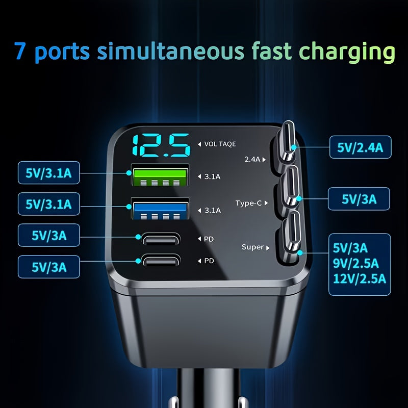 7-in-1 Car Fast Charger with 3 Retractable Cables LED Digital Display 180° Adjustable Universal Plug - Multi-Port Car Phone Charger for iPhone Android USB-C