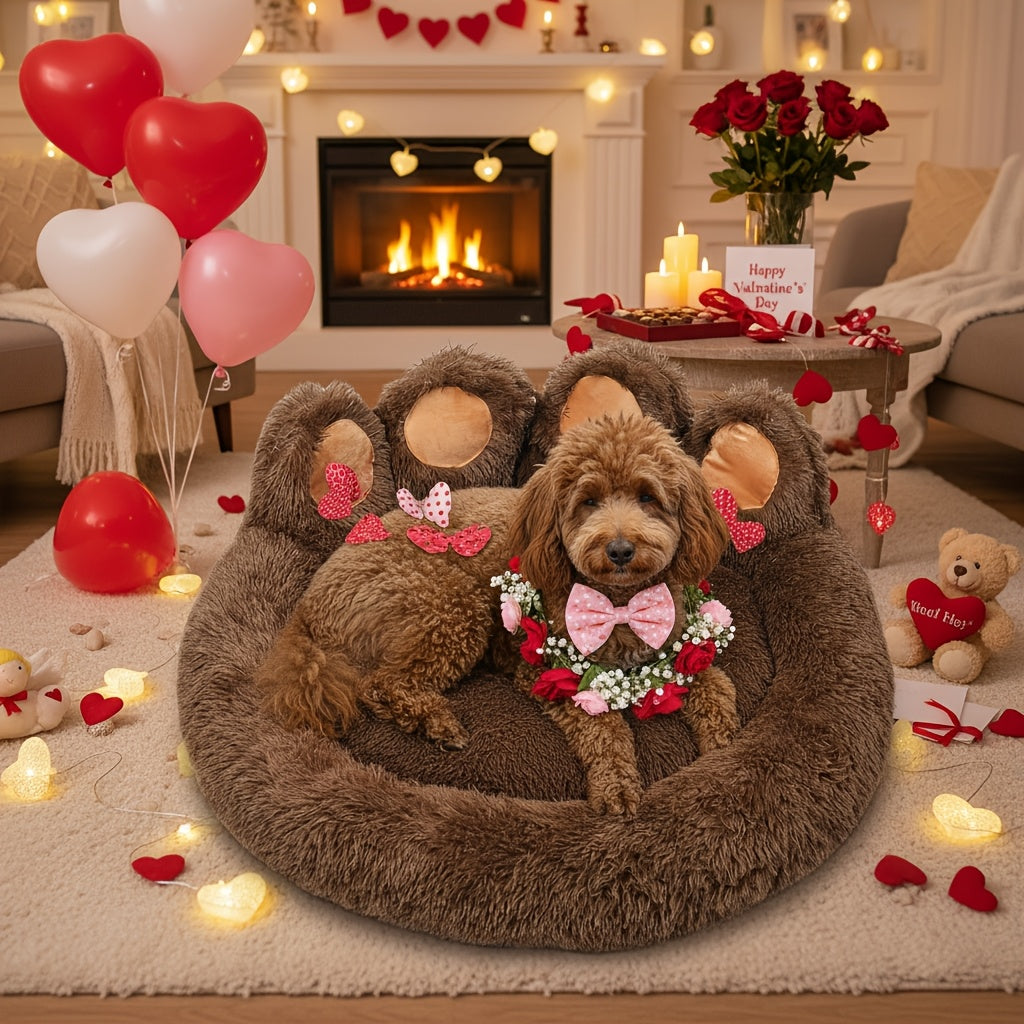 Bear Paw Shaped Donut Dog Bed & Cat Bed – Calming Warm Soft Plush Round Pet Mattress with Bonus Pet Scarf S M L XL 2XL Coffee Pink Grey Brown for Small Medium Large Dogs Cats