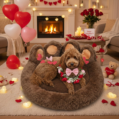 Bear Paw Shaped Donut Dog Bed & Cat Bed – Calming Warm Soft Plush Round Pet Mattress with Bonus Pet Scarf S M L XL 2XL Coffee Pink Grey Brown for Small Medium Large Dogs Cats