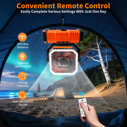 20000mAh Portable Camping Fan with Remote Control, LED Lights, 4 Speeds & 360° Rotation – Rechargeable Battery Operated Oscillating Tent Fan for Outdoor Camping, RV & Travel