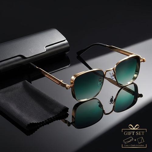 Retro Steampunk Square Sunglasses for Men & Women – Vintage Metal Frame Gradient Green Lenses UV400 Protection, Party Streetwear Festival Eyewear with Case & Cloth, Unique Gift Idea