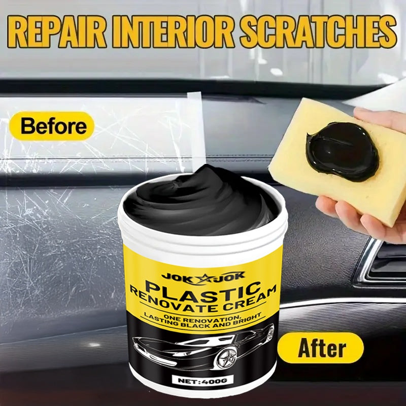 Car Plastic Polish & Tire Coating 400g with Sponge – All-in-One Restorer for Dashboard, Seats & Bumpers, Long-Lasting PVC Formula, Streak-Free Shine, Easy Auto Detailing Application