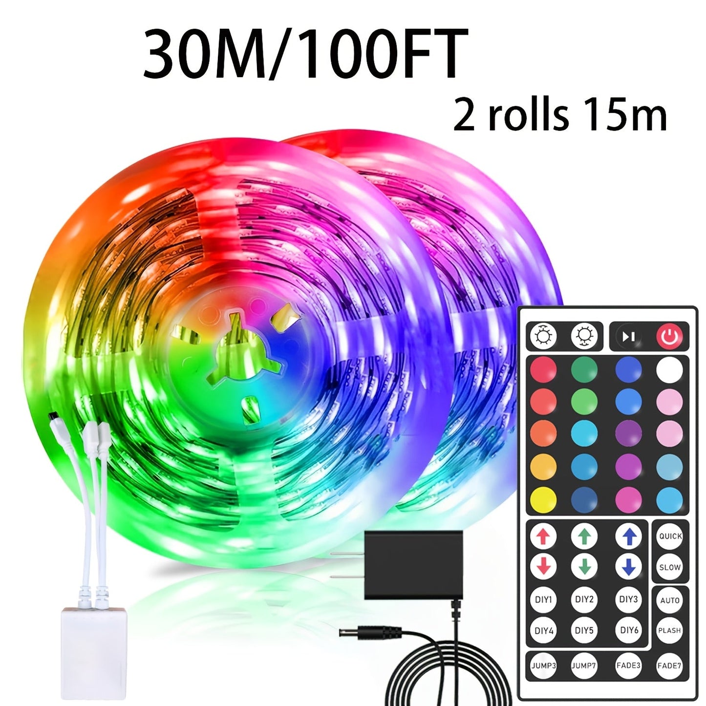LED Strip Lights 100ft RGB Color Changing – Smart Remote Control, Stepless Dimming, Flashing & DIY Modes, Indoor TV Backlight, Bedroom, Living Room, Stairs, Party & Holiday Decor