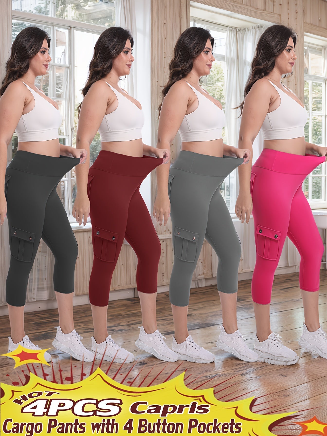 Women's High Waist Yoga Capri Pants 4-Pack 4-Way Stretch Butt Lifting Tummy Control 4 Pockets - Workout Running Sports Leggings S-XXL All Season
