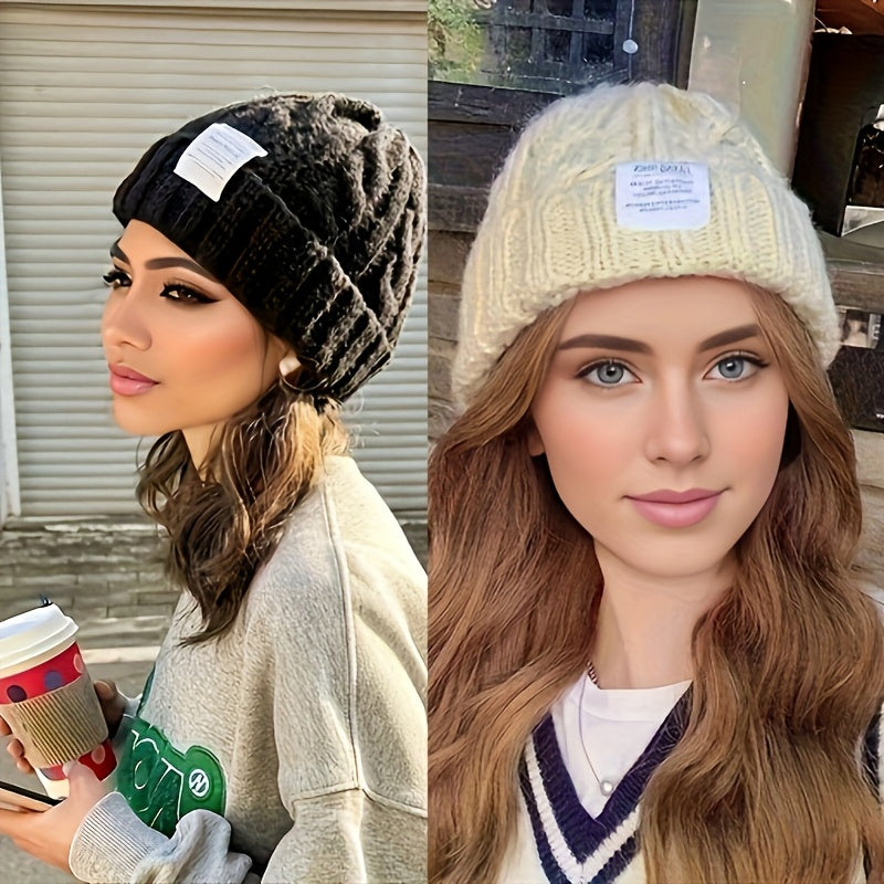 2 Pack Winter Knit Beanies for Women Men, Candy-Colored Chunky Cable Knit Warm Hats with Ear Protection, Loose Fit Slouchy Beanie for Outdoor Street Wear Cold Weather