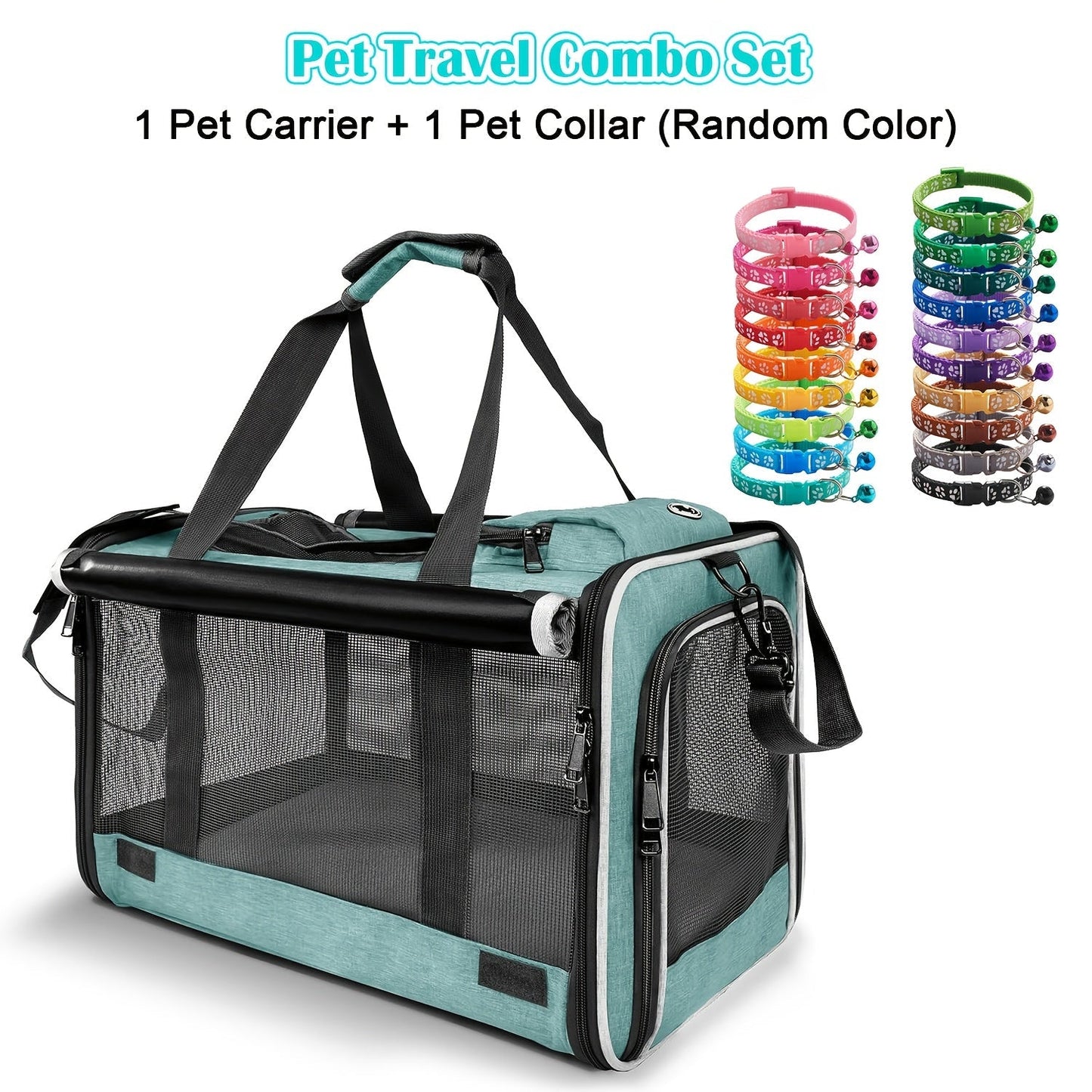 Airline Approved Pet Carrier Soft Sided – Breathable Collapsible Travel Bag for Cats & Small Dogs with Accessories Bundle Collar Bowls or Pet Glove 10 Colors Pink Blue Black Gray Navy Green Orange