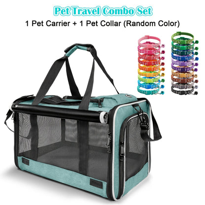 Airline Approved Pet Carrier Soft Sided – Breathable Collapsible Travel Bag for Cats & Small Dogs with Accessories Bundle Collar Bowls or Pet Glove 10 Colors Pink Blue Black Gray Navy Green Orange