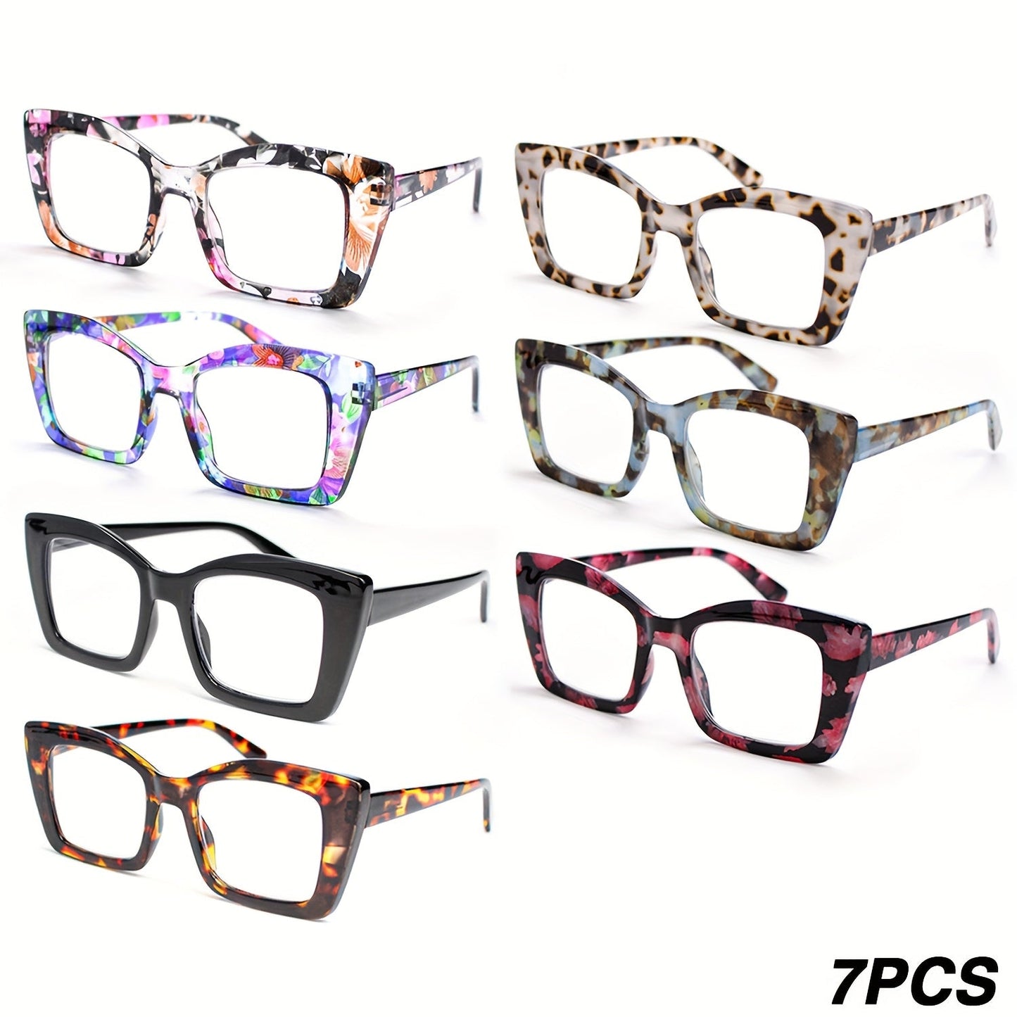 Women's Reading Glasses Set 7 Pairs – Large Square Vintage Style, Spring Hinges, +1.0 to +4.0 Magnification, Durable PC Frame, Stylish Everyday Eyewear for Women