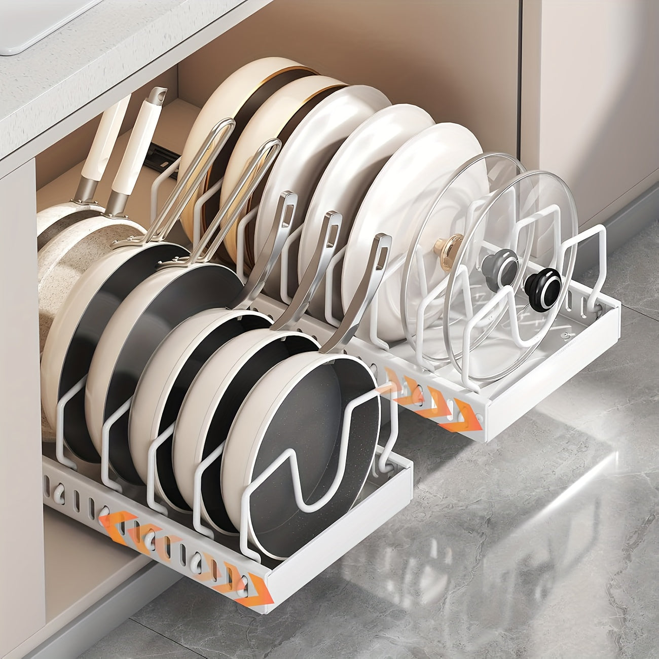 Pull-Out Pot and Pan Organizer for Kitchen Cabinets – Sliding Lid Rack & Pan Holder with 8/16 Adjustable Dividers for Storing Lids, Baking Tools & Plates, Cabinet Storage Box, Black or White
