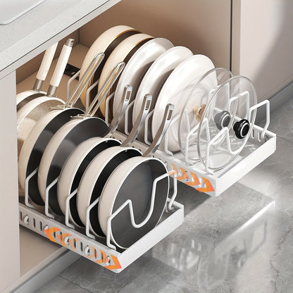 Pull-Out Pot and Pan Organizer for Kitchen Cabinets – Sliding Lid Rack & Pan Holder with 8/16 Adjustable Dividers for Storing Lids, Baking Tools & Plates, Cabinet Storage Box, Black or White